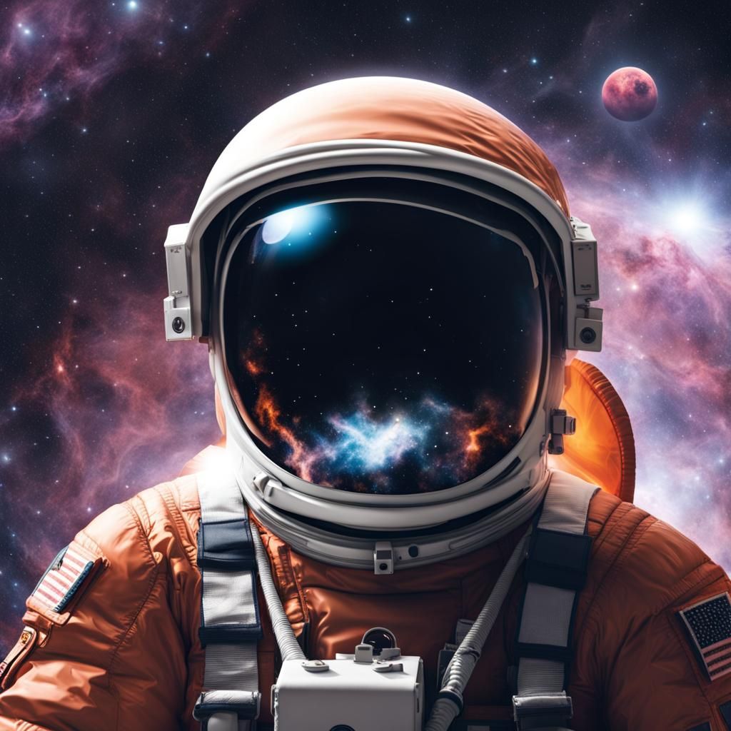 Astronaut floating in nebula helmet light