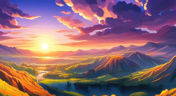 Dazzling Sunset Over Okanagan Valley in Anime Style