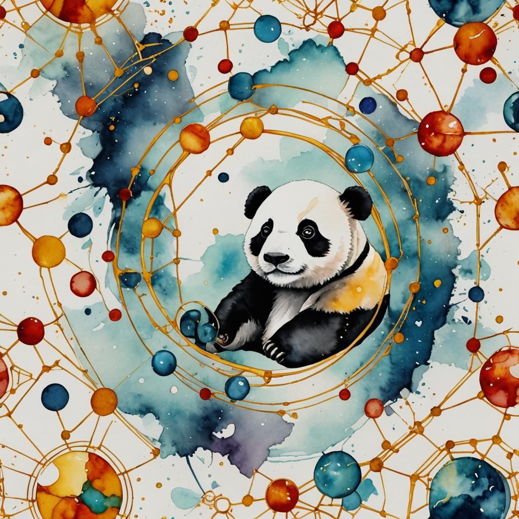 Colorful Watercolor Panda with Kintsugi Elements