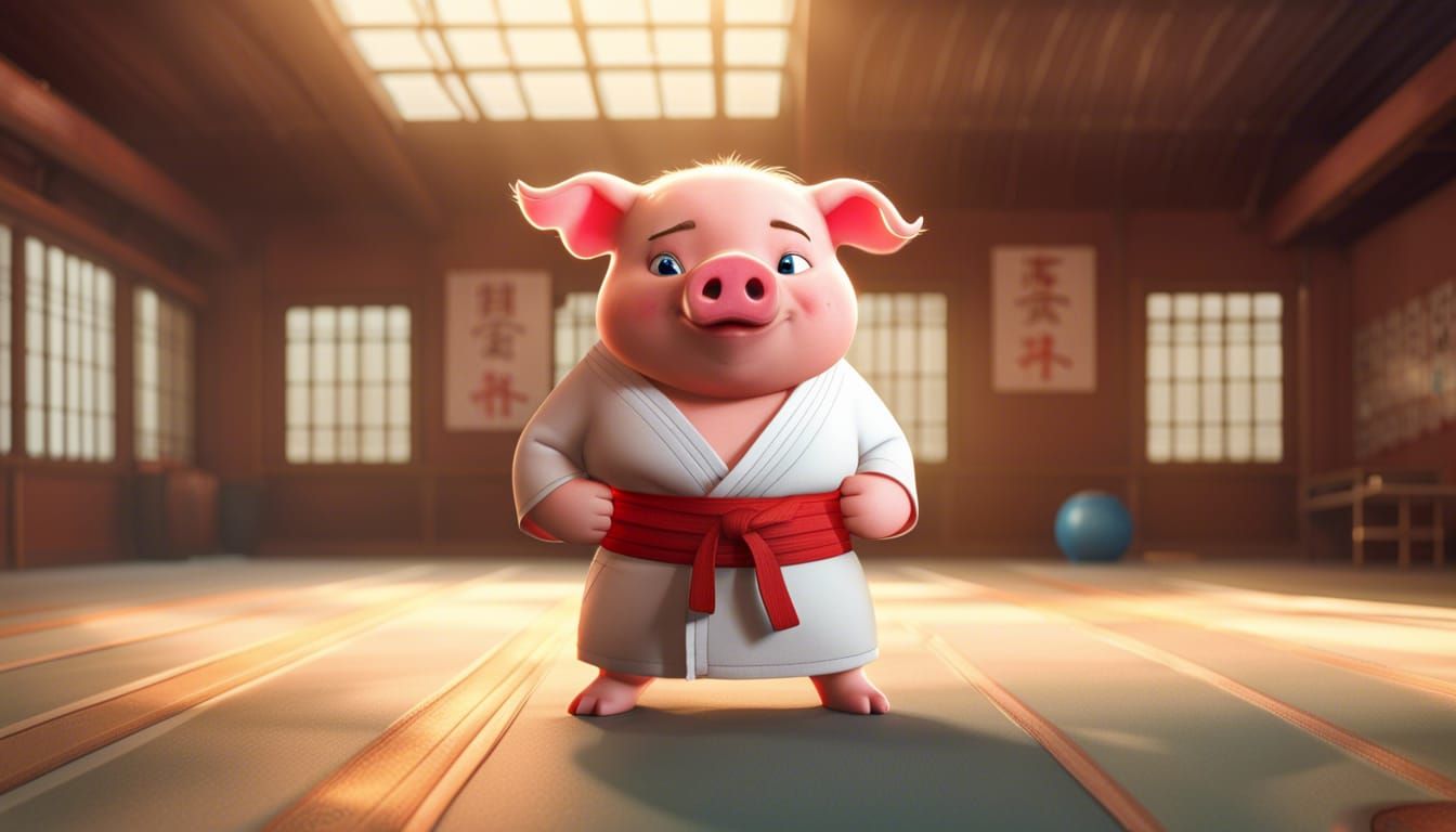 Cartoon Pig Karate Master in Dojo