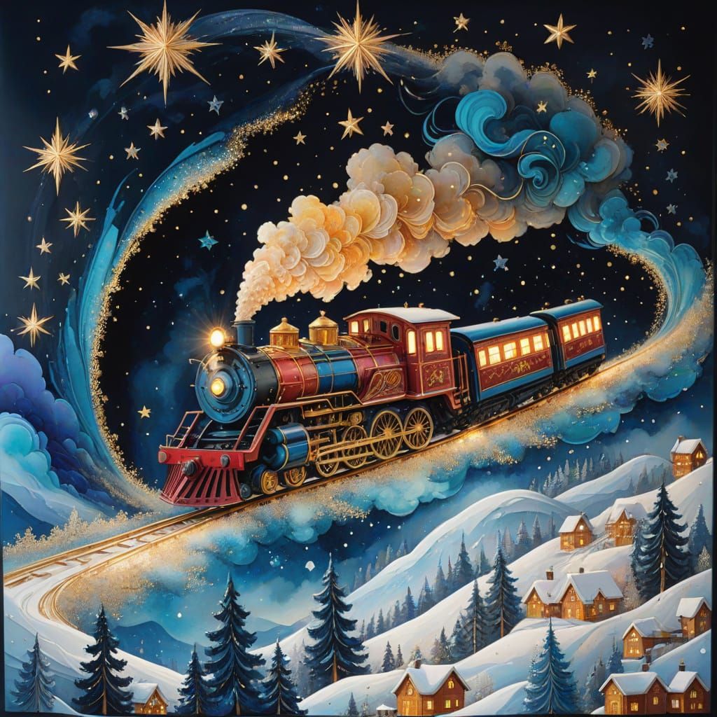 Magical Polar Train in Whimsical Alcohol Ink Art