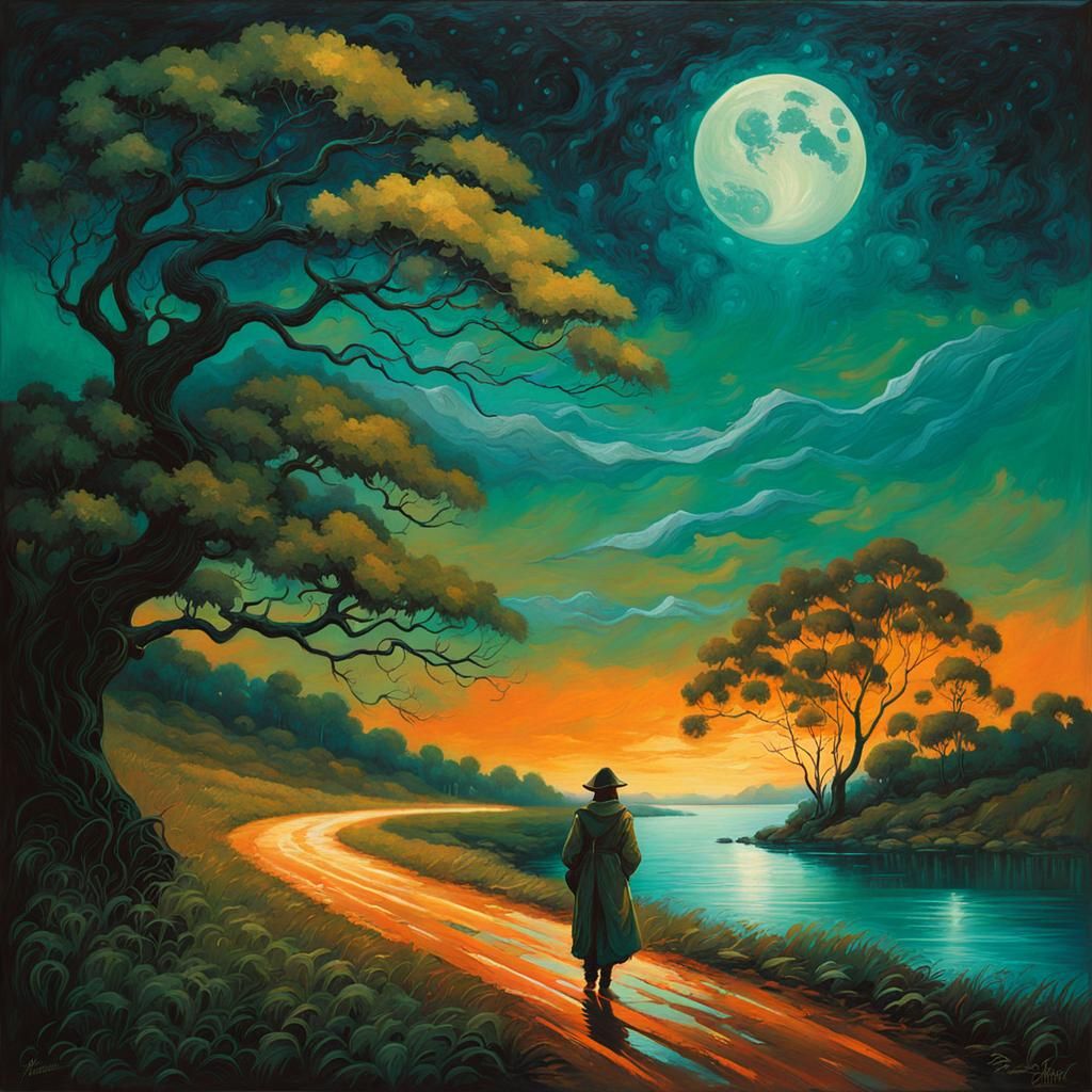 Elven Wanderer on Moonlit Road: Tonalist Oil Painting