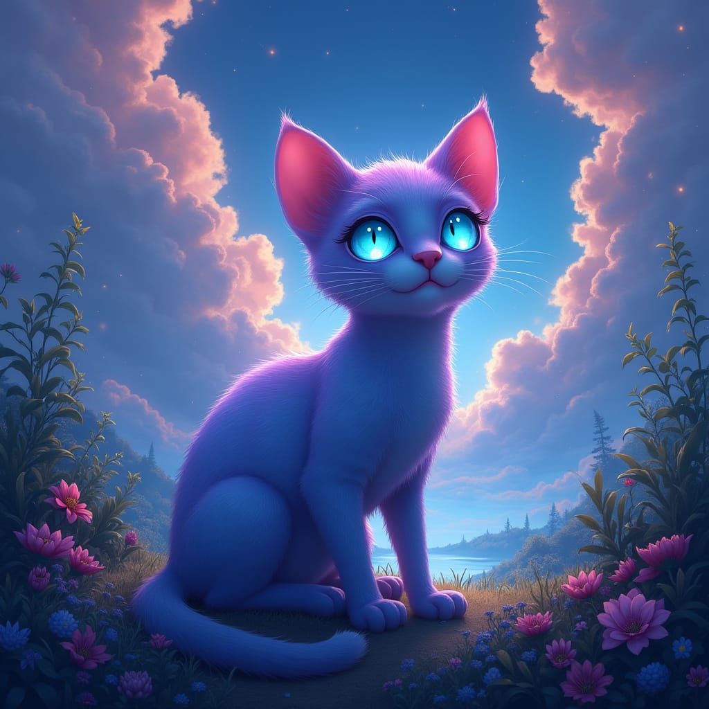 Anime Cat in Ethereal Landscape