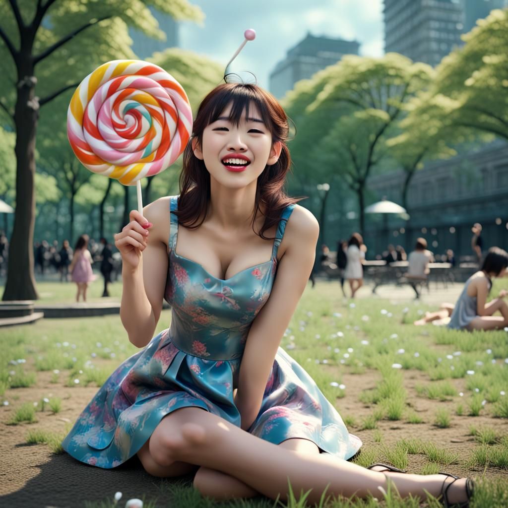 Japanese Woman Lying in City Park, Digital Painting