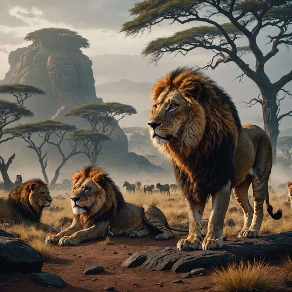 Three Lions in African Savanna Digital Painting