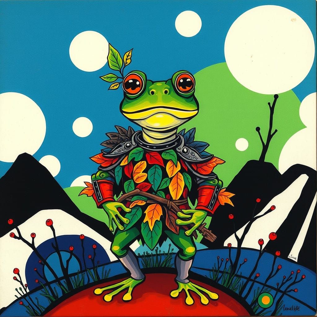 Frog Warrior in Expressionist Leaf Armor, Surrealist Dreamsc...