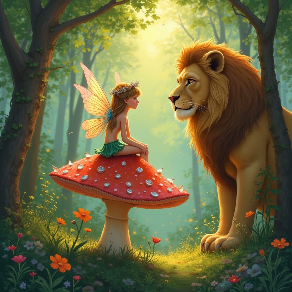 Fairy and Lion Protector in Enchanted Forest