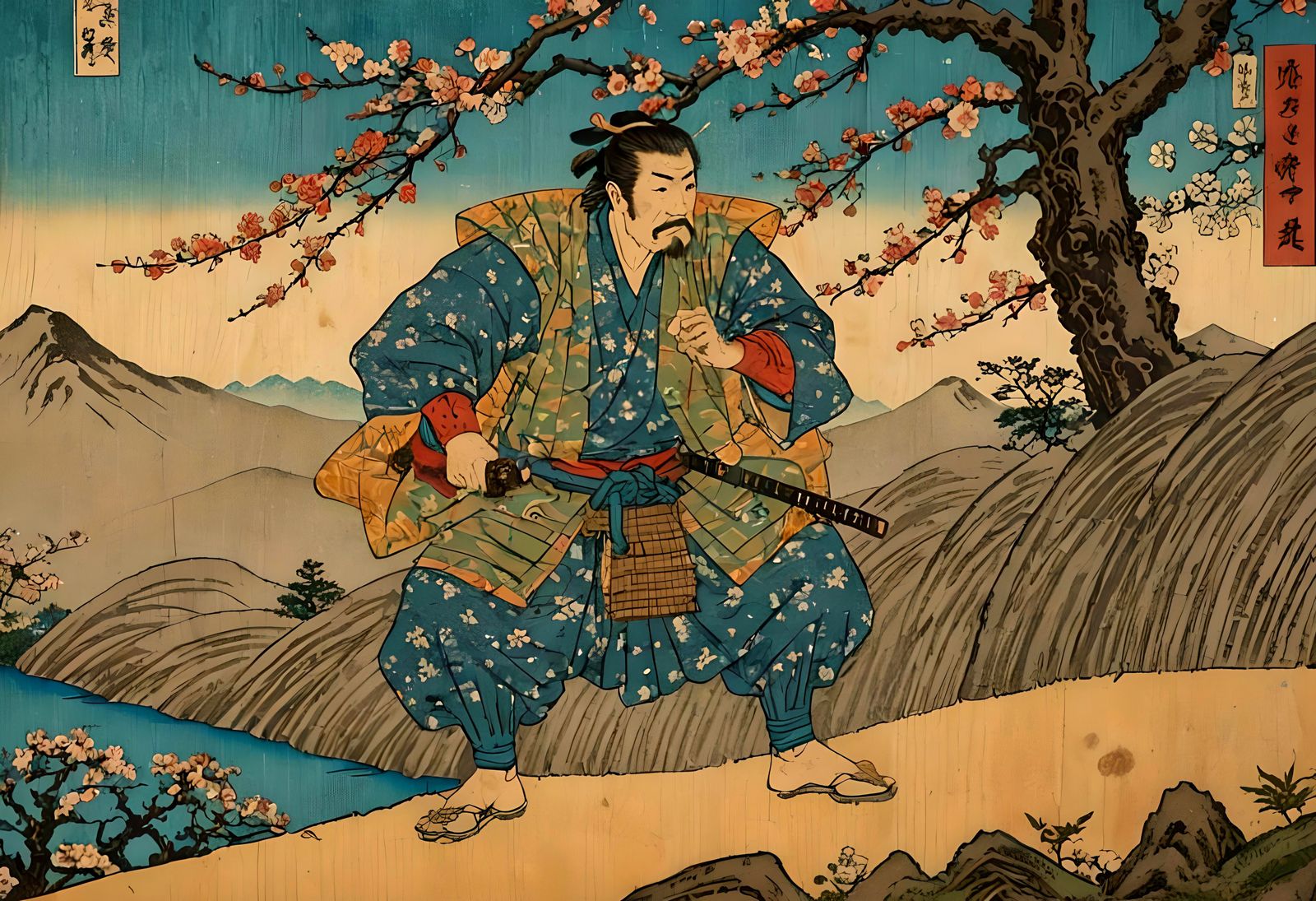 Samurai Training in Japanese Ukiyo-e Landscape