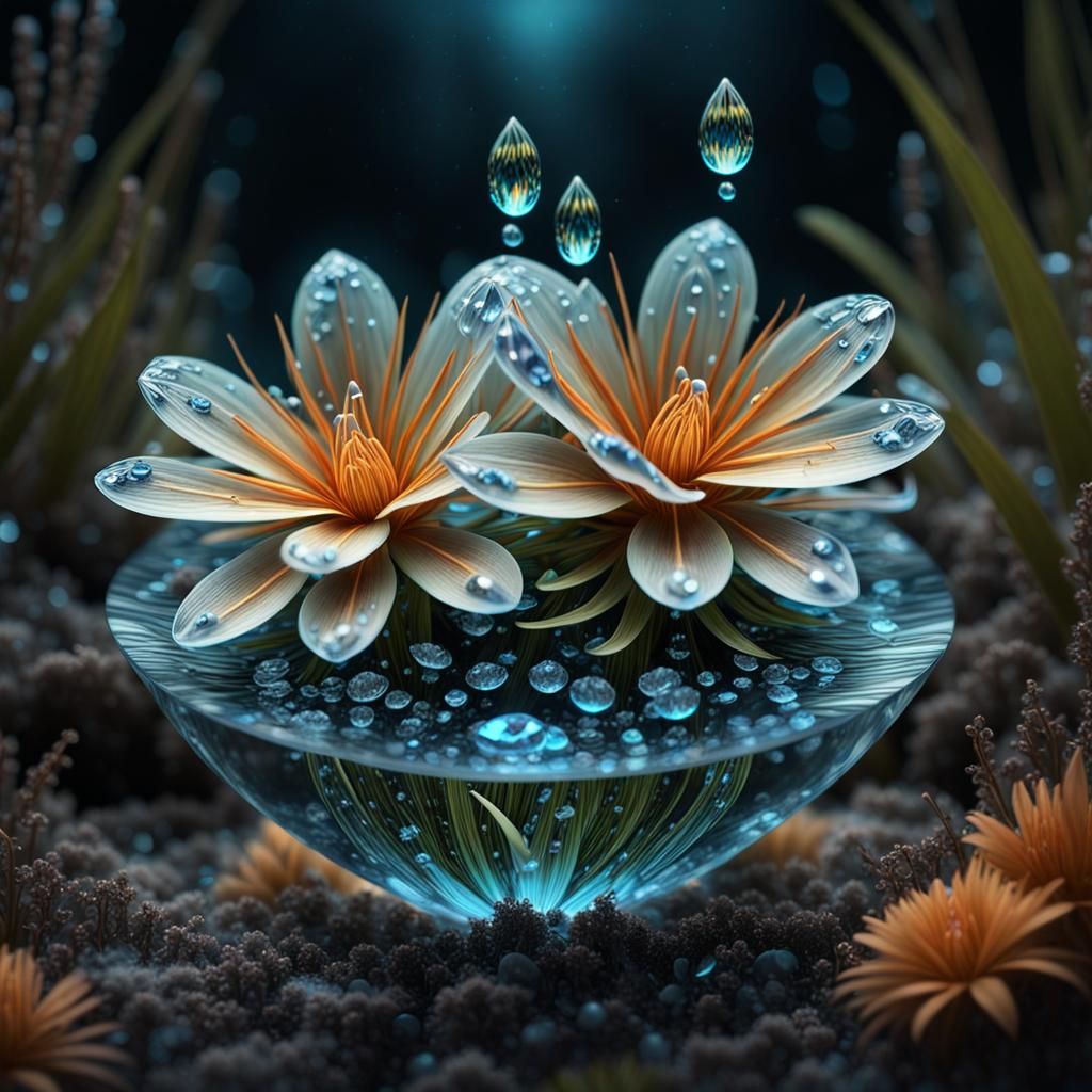 Bioluminescent Flowers in Diamond Water Drop