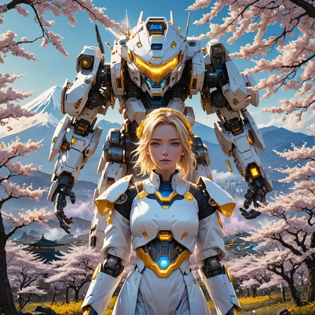 Futuristic Mecha Anime: Girl and Robot Overlook Mt. Fuji