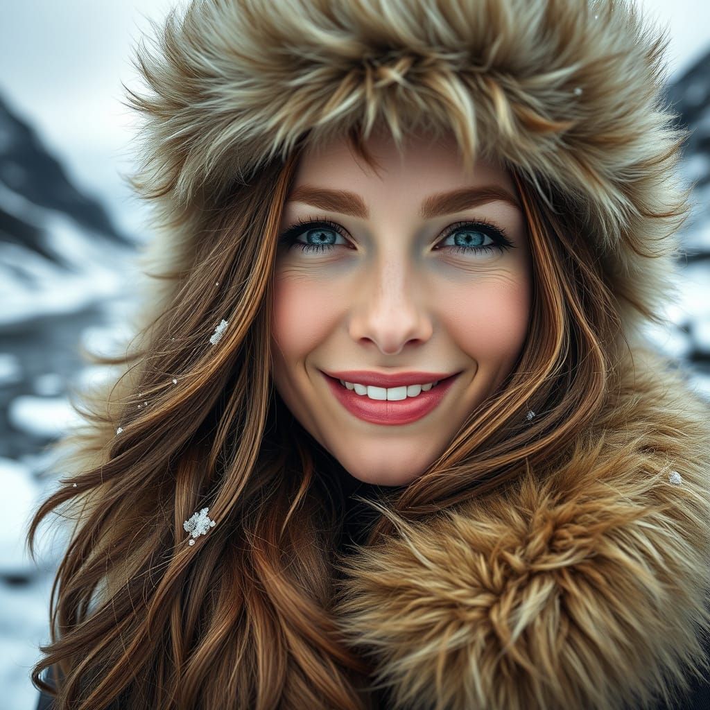 Hyperrealistic Woman in Fjord Landscape with Fur Coat and Ha...