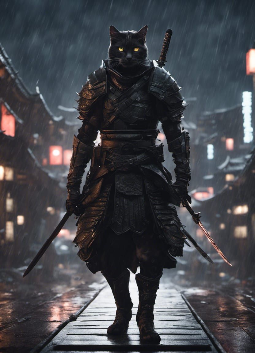 Futuristic Samurai Cat Silhouette in Cyberpunk Style