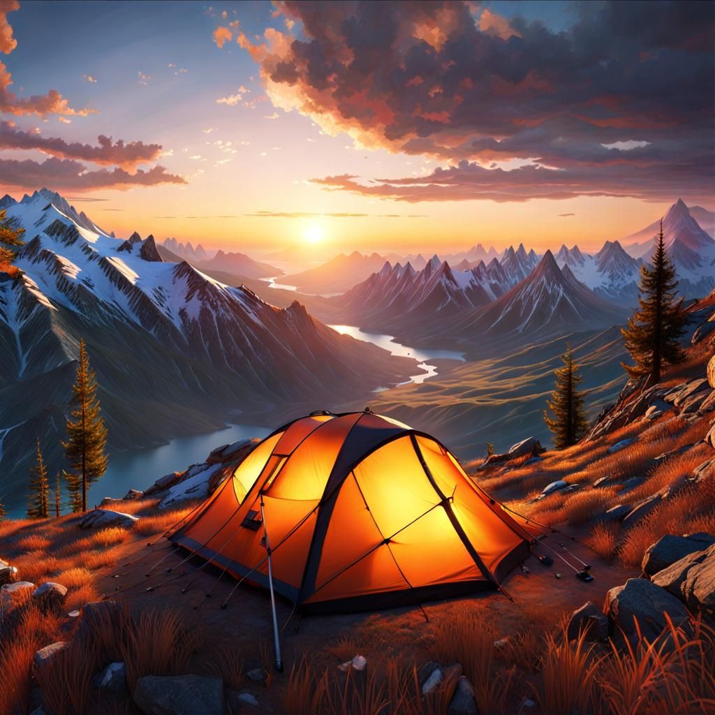 Mountain Sunset View with Eagle in Golden Age Style