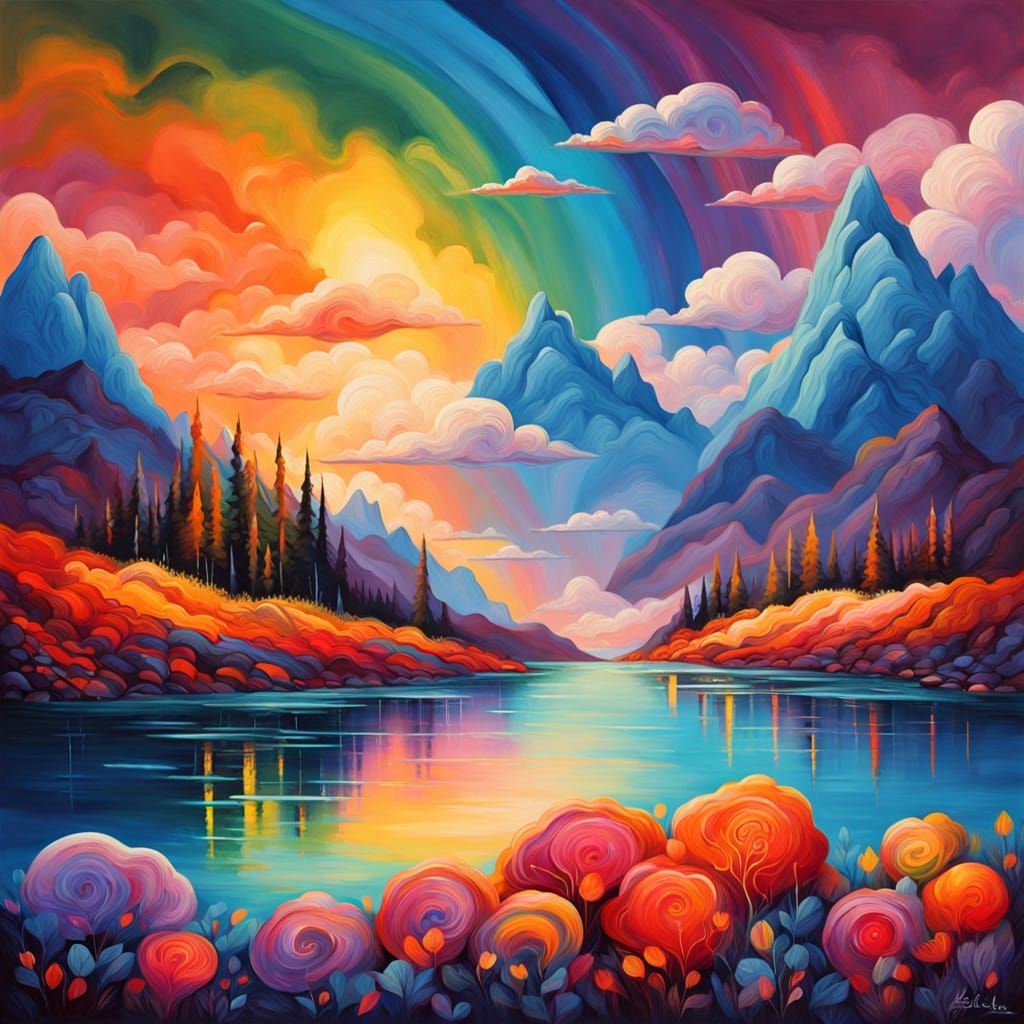 Surreal Dreamscape with Rainbows and Molten Hues
