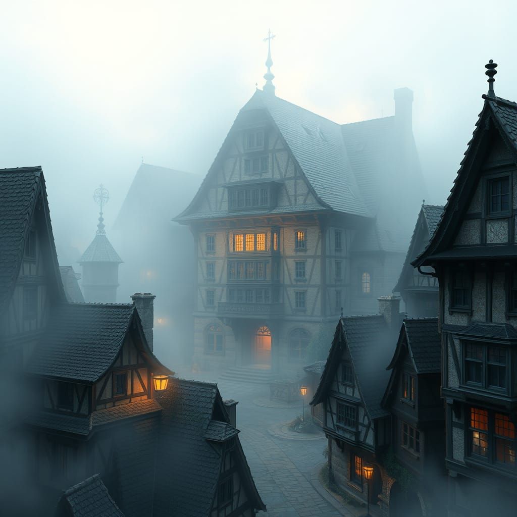 Medieval Town in Mystical Fog