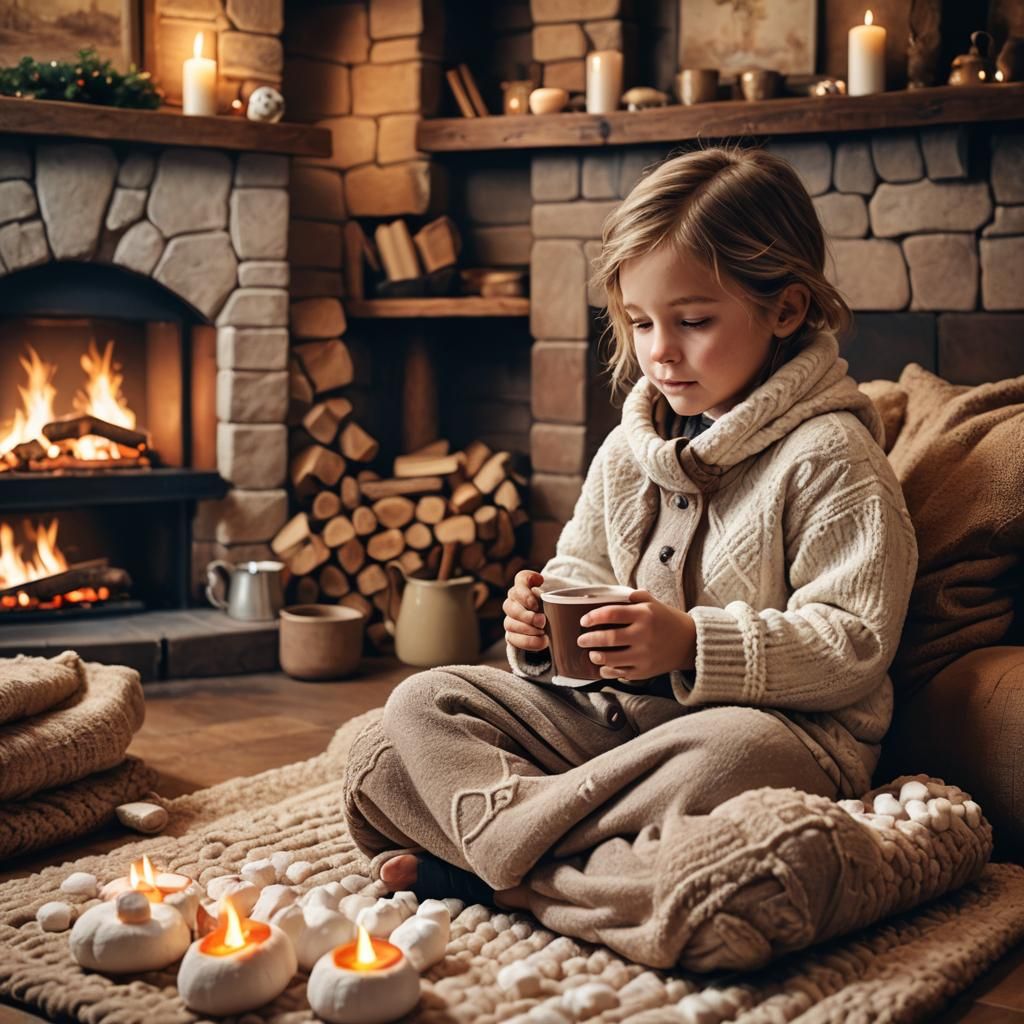 Cozy Child Enjoying Hot Chocolate: Whimsical Fantasy Art