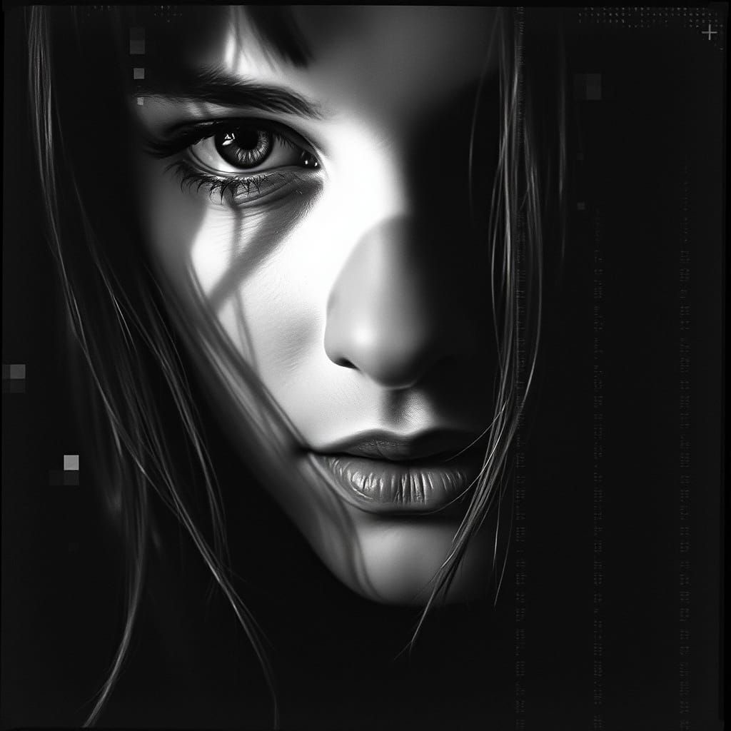 High-Contrast Monochrome Portrait with Glitch Effects