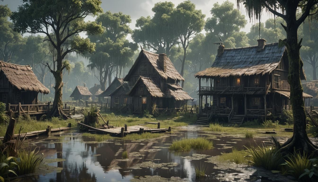 Rainy Swamp Village View in 3D Game Style