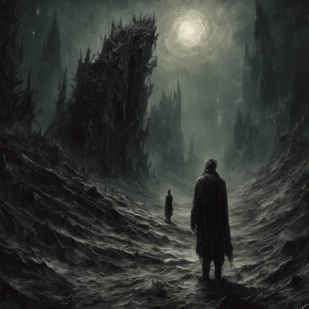 Macabre Encounter: A Horror Scene in Engraving Style