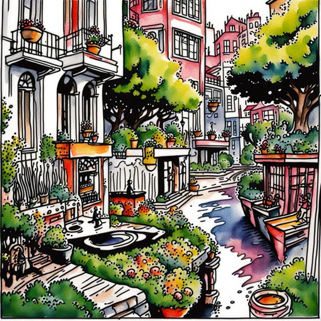 Detailed Ink and Watercolor Garden Urban Sketch