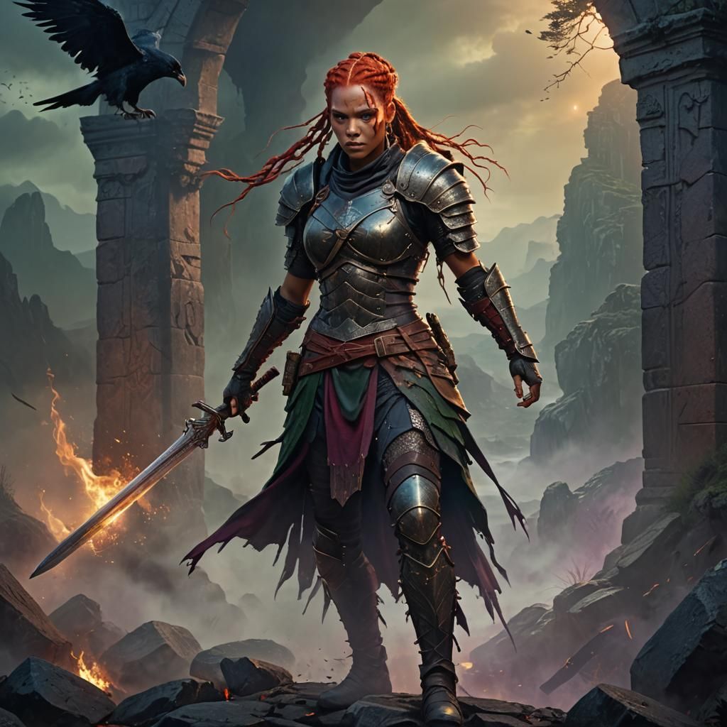 Fierce Raven Warrior in Misty Stone Ruins