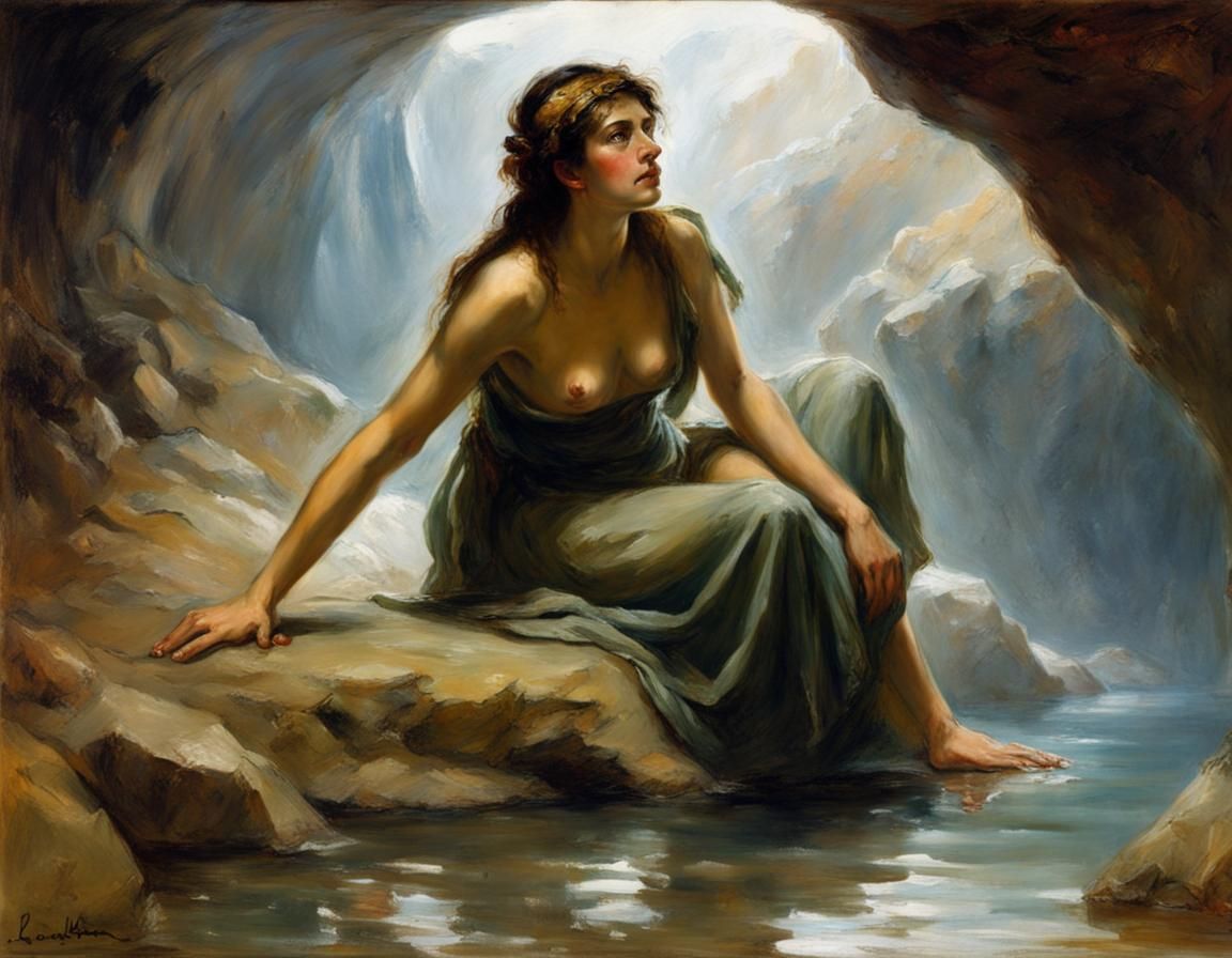 Roman Woman in Watery Cave, Lenbach Style
