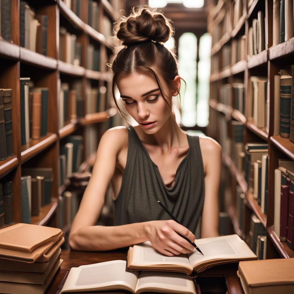 Girl Reads in Cozy Ancient Library