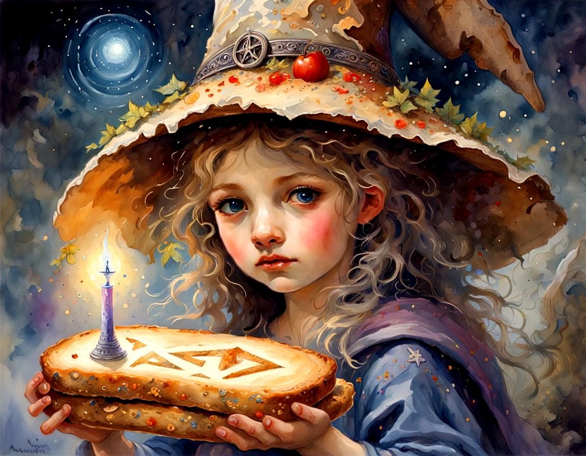 Magical Runed Sandwich with Witch Hat, Watercolor Style
