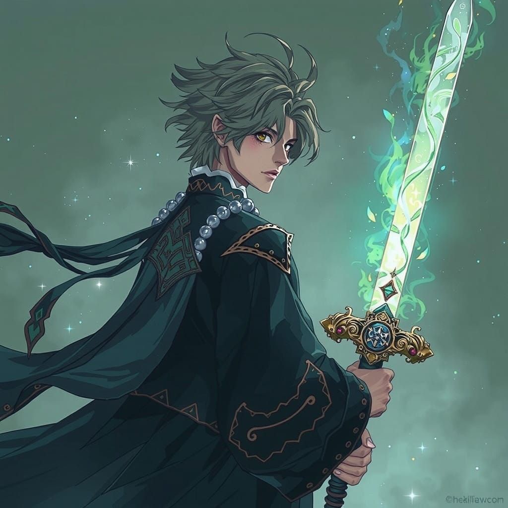 Dark Fantasy Sorcerer Wields Obsidian Blade with Green Flame...