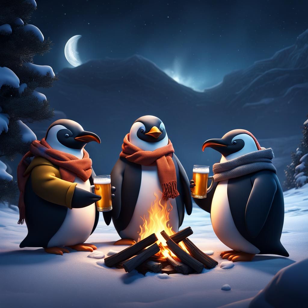Penguins Camping Under the Stars: Fantasy Concept Art