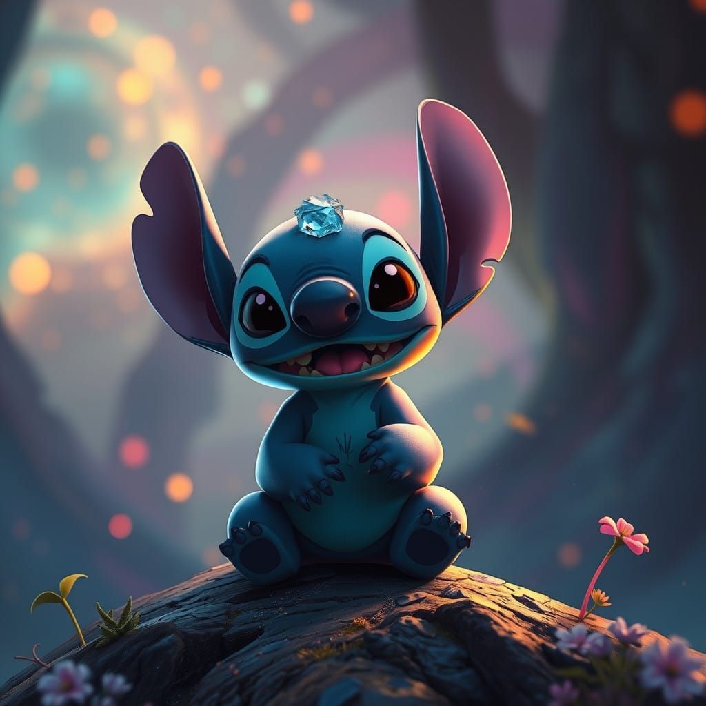 Whimsical Dreamlike Stitch in Vibrant 8K Fantasy Landscape