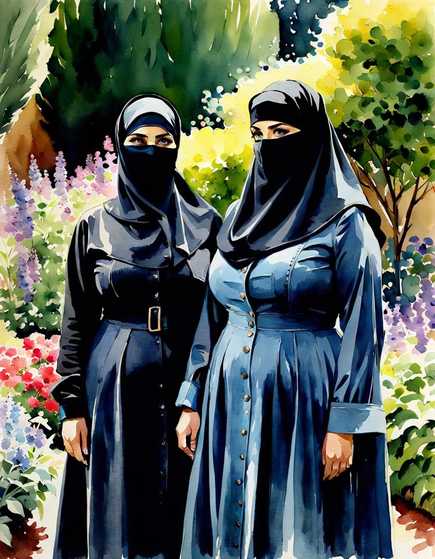 Watercolor Portrait of Niqabi Teachers in Garden