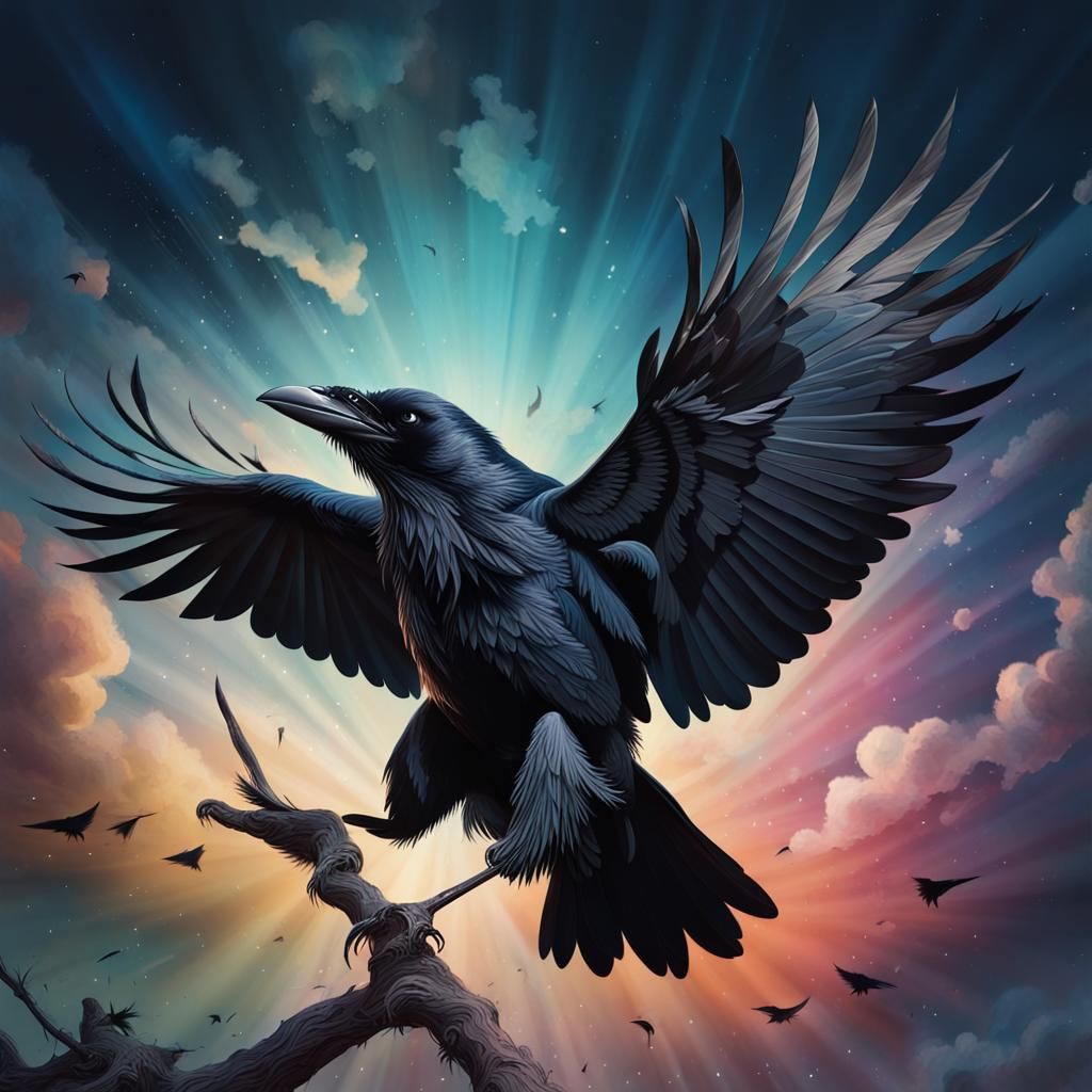 Moonlit Crows in Dark Sky: Hyperrealistic Splash Art