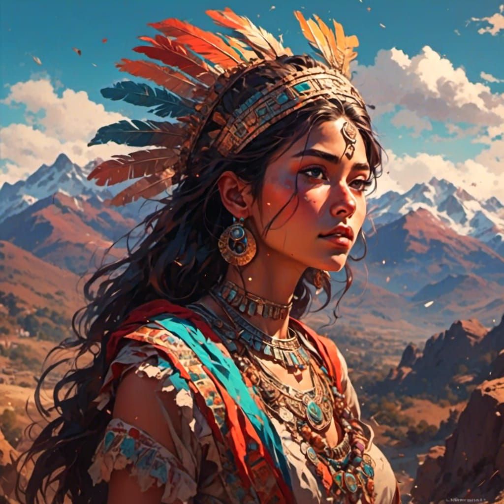 Aztec Woman in Anime Style with Chilean Mountains