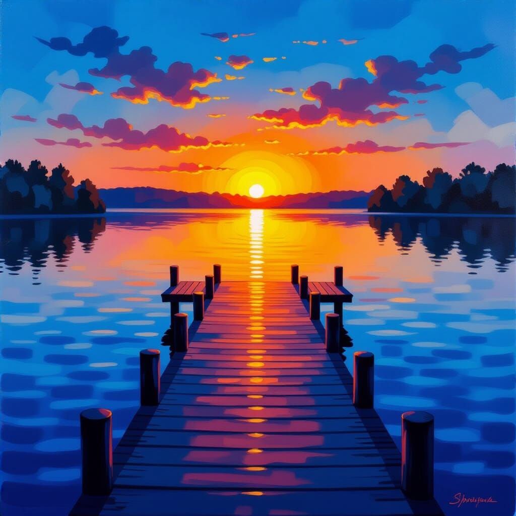 Impasto Oil Painting of a Serene Lake Walkway at Sunset