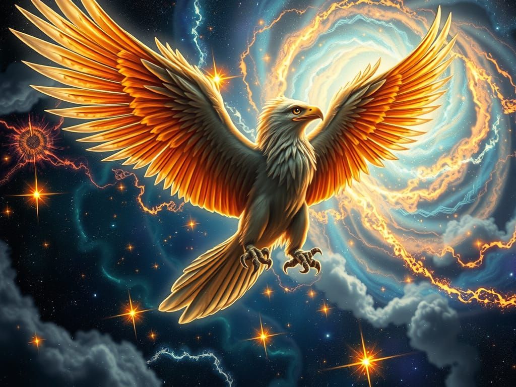 Griffin Soaring Through Cosmic Vortex in Astral Art