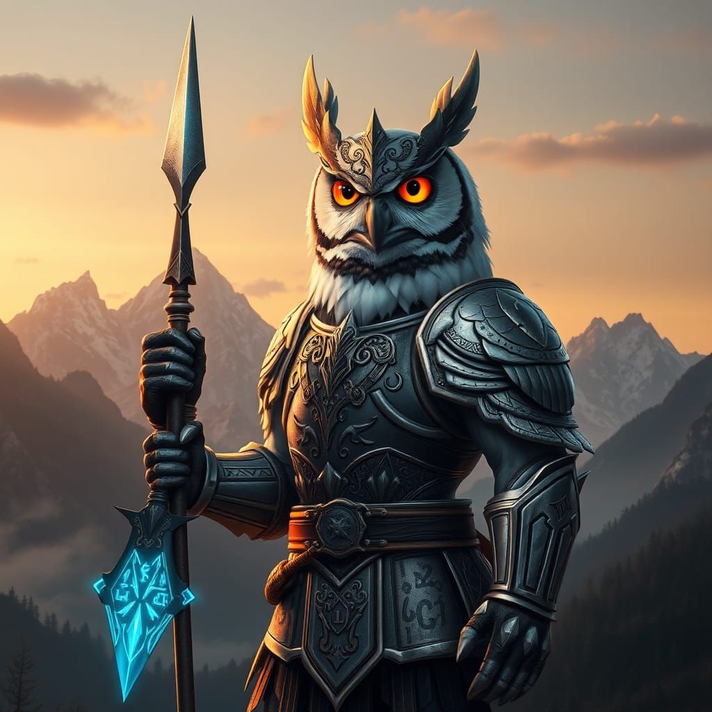 Anthropomorphic Owl Warrior with Glowing Spear