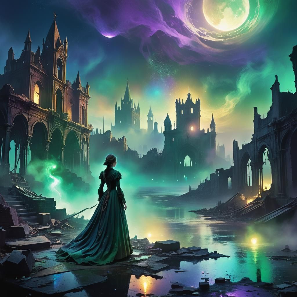 Ethereal Victorian Figure in Ruined Mystical City