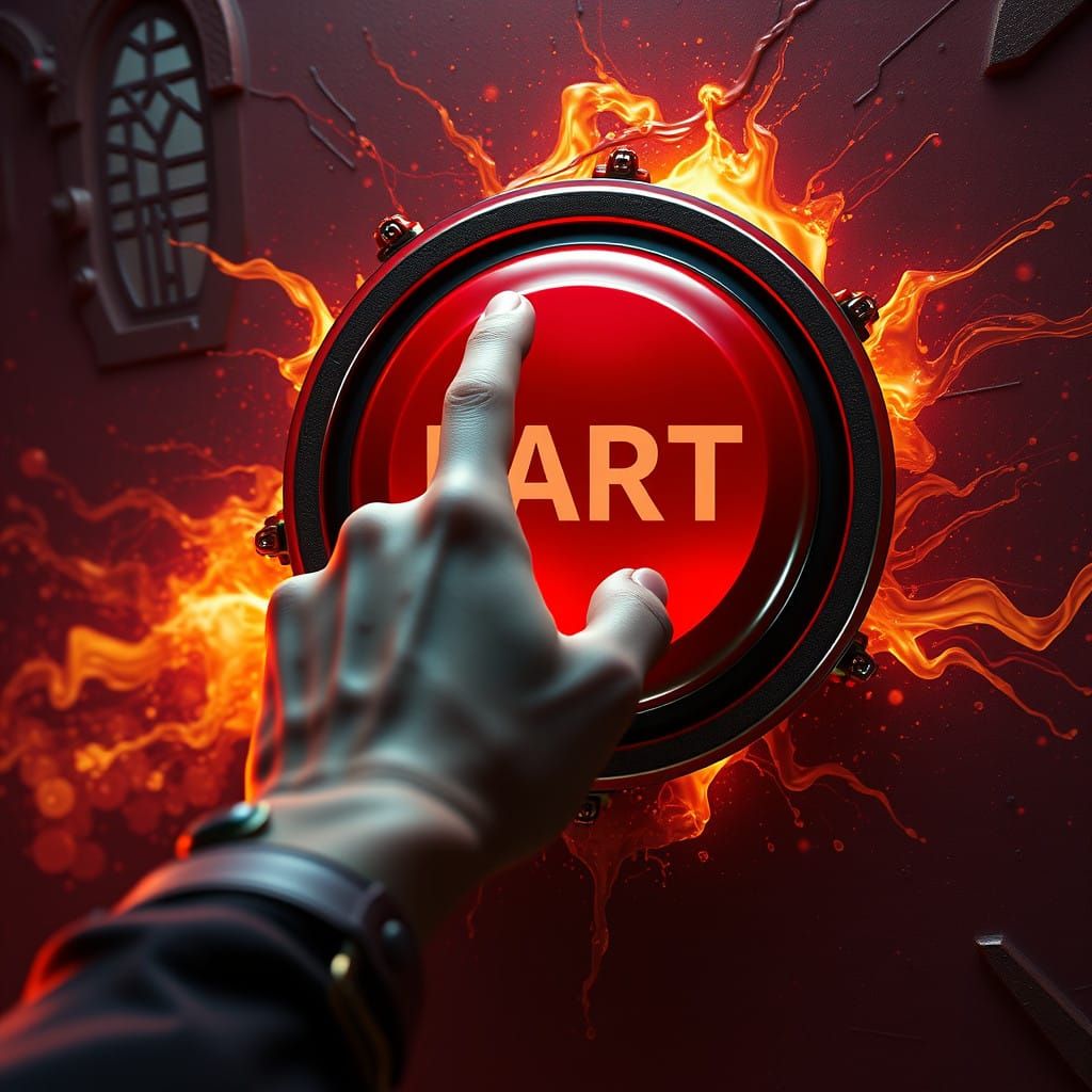 Fantastical Hand Points to Humorous Red Button in Intricate...