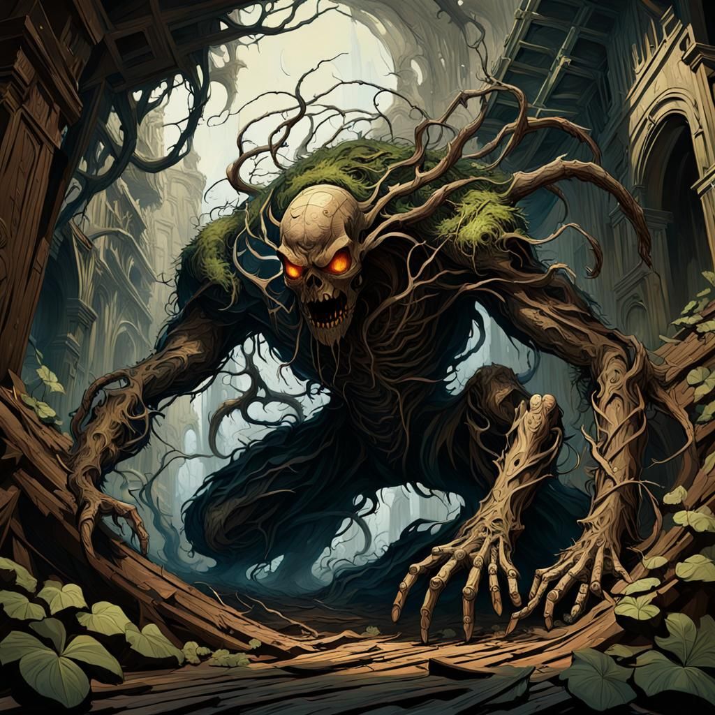 Woodman Overrun by Spiders in Dark Fantasy Style