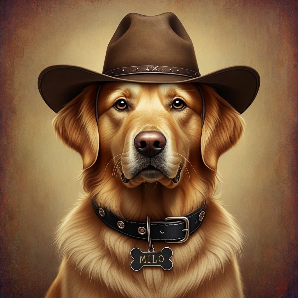 Golden Retriever in Cowboy Hat with Earthy Tones and Whimsic...