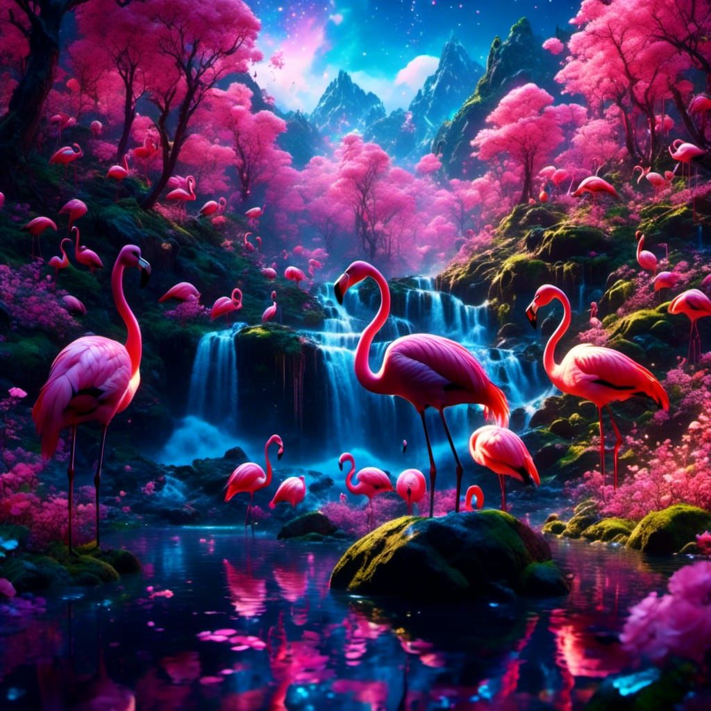 Pink Flamingos in Bioluminescent Forest