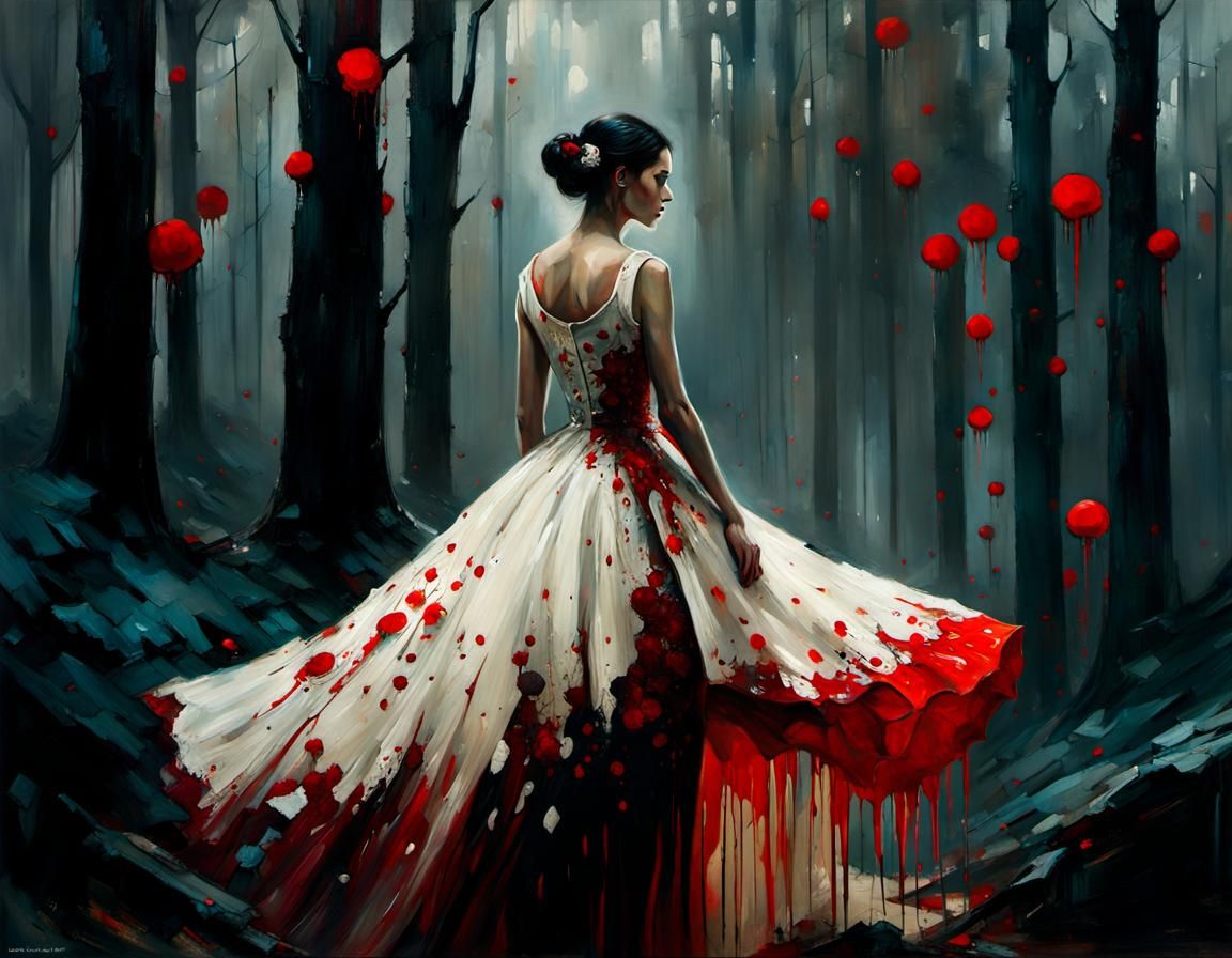 Woman in Forest with Fungal Elements as Oil Painting