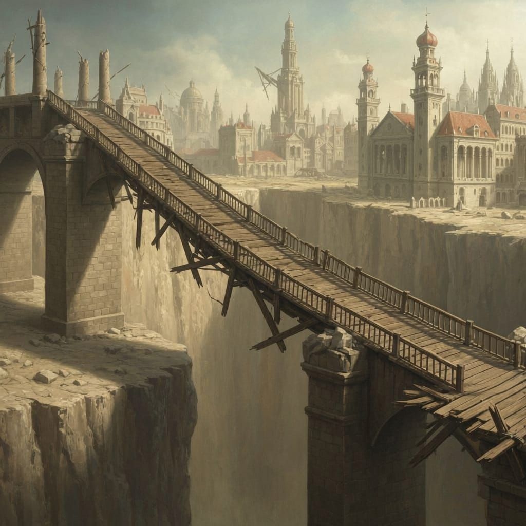 Oil Painting of Collapsed Bridge and Ruined City