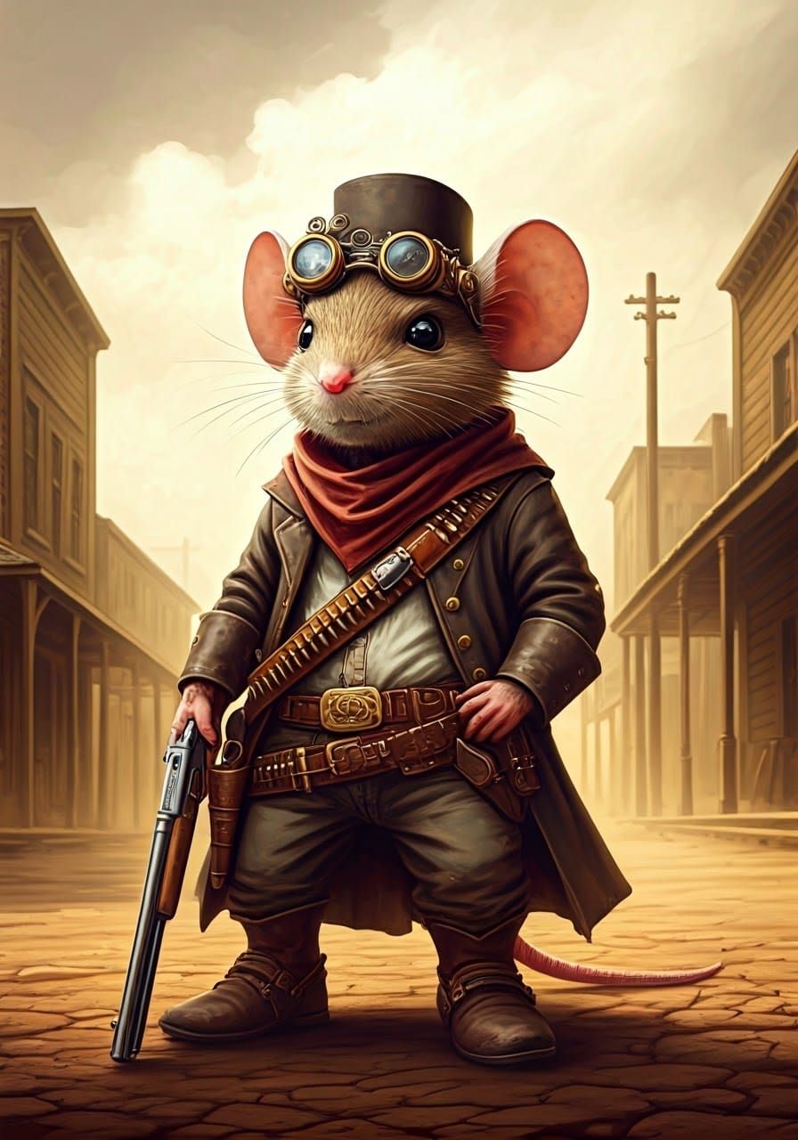 Tiny Cowboy Mouse in Weathered Gear Stands Tall