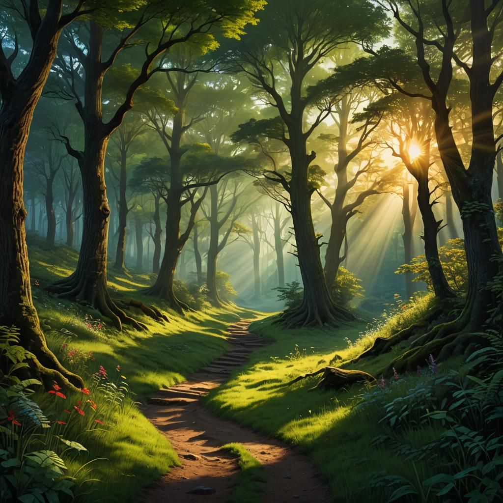 Paths Diverge in Tranquil Forest: Fantasy Concept Art
