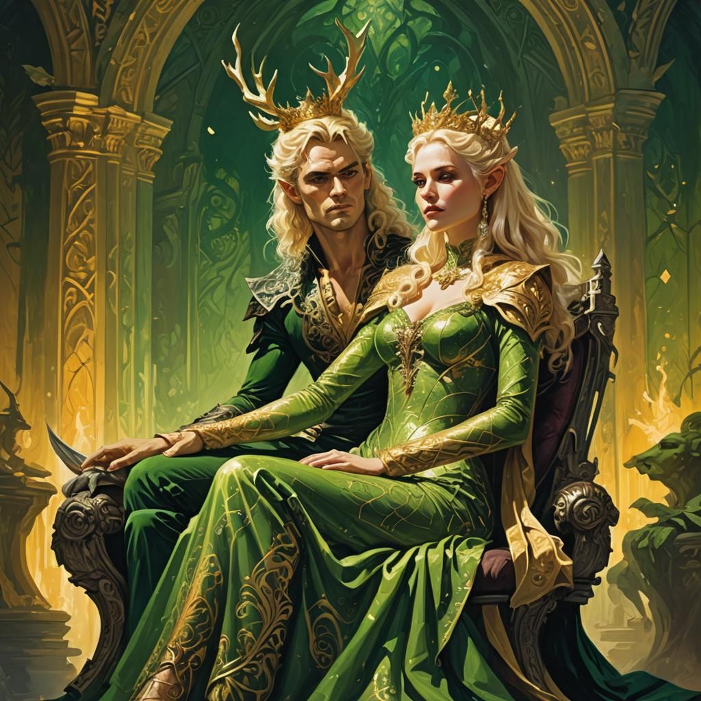 Fae Queen and King in Fantasy Throne Room
