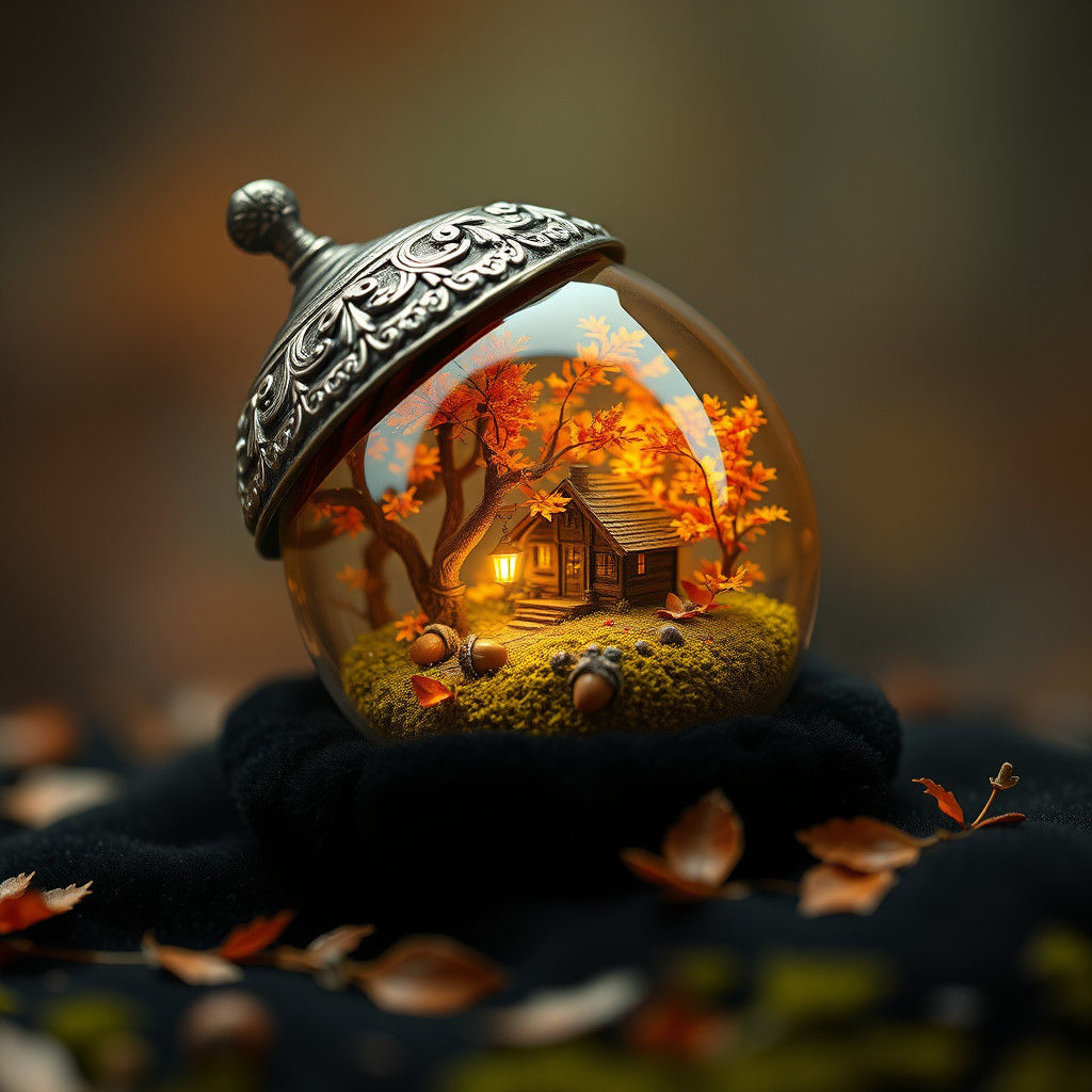 Ornate Glass Acorn with Autumnal Scene