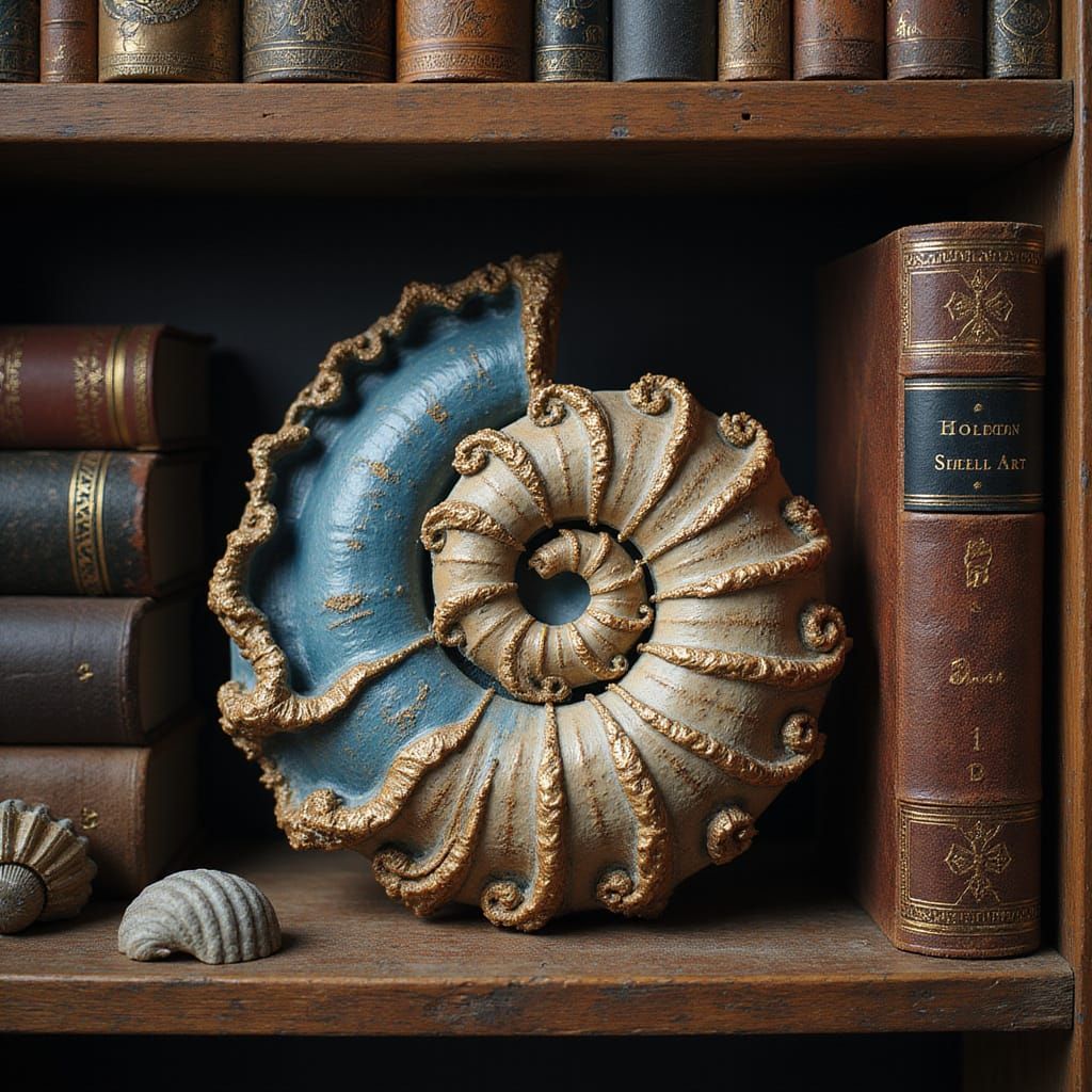 Intricate Carved Nautilus Shell on Bookshelf