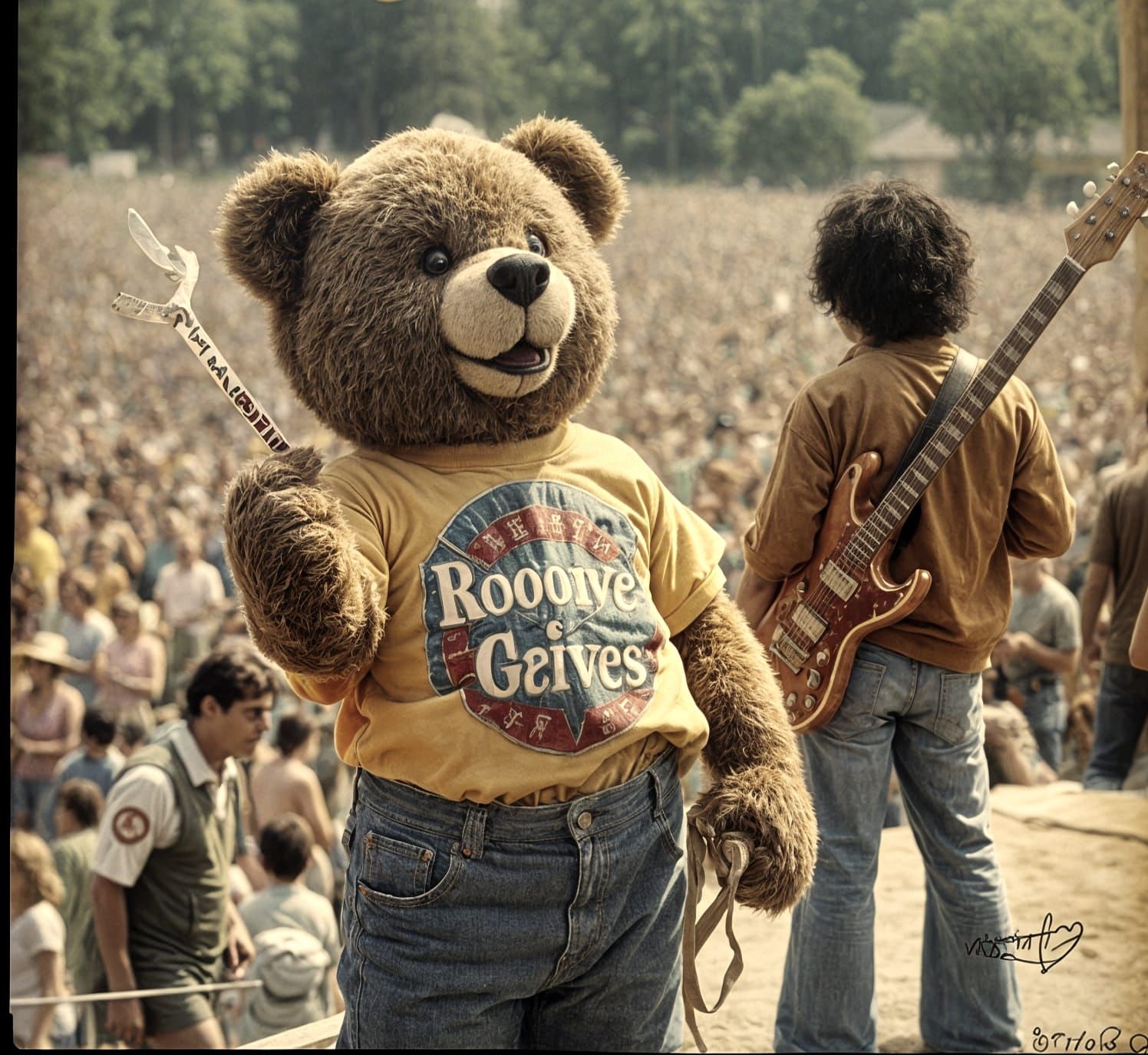 High Teddy Bear at Woodstock Concert in 70s Style